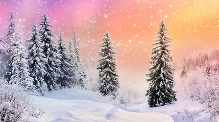 Naklejka premium Snow-Covered Pine Forest Under a Pink and Orange Sunset