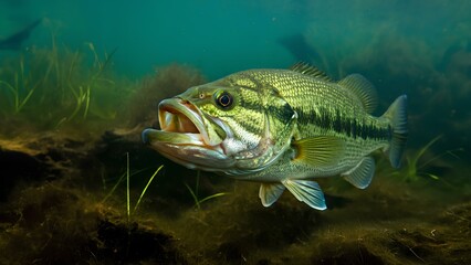 Naklejka premium 水中、魚、ブラックバス、釣り｜Underwater, fish, black bass, fishing