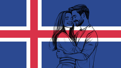 Fototapeta premium A Drawing of a Man and a Woman Embracing on an Iceland Flag