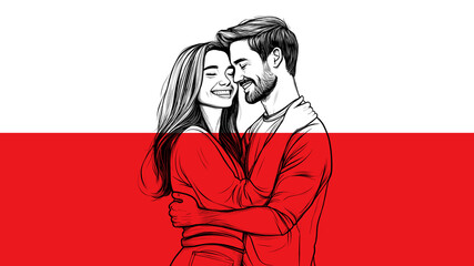 A Drawing of a Man and a Woman Embracing on a Polish Flag