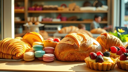 A display of freshly baked breads, pastries, and macarons bathed in warm, golden light, inviting customers to indulge in their delectable offerings.