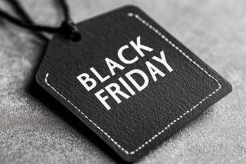 Black friday label lying on gray background for seasonal shopping