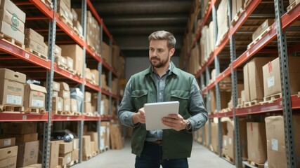 Warehouse worker checking inventory with tablet in storage facility.