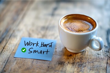 Working smart not hard, productivity concept with coffee cup and note