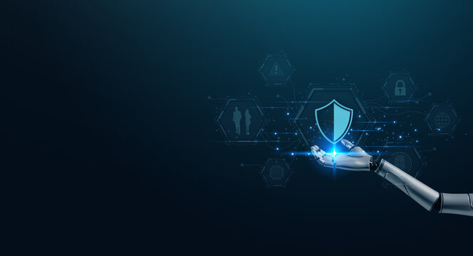 A futuristic robotic hand presenting a digital shield symbolizing security and protection in technology and cyberspace. - Powered by Adobe