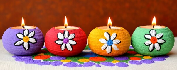 Fototapeta premium Colorful decorative candles with floral designs on a vibrant background.