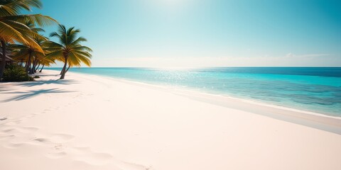 Obraz premium Palm Trees Casting Shadows on Pristine Sandy Beach and Turquoise Ocean Under a Clear Blue Sky