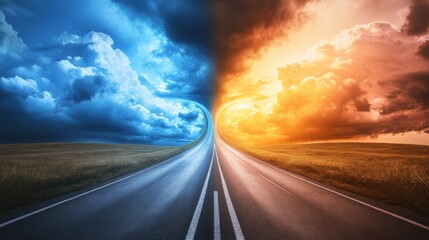 Naklejka premium A road that splits in two, one path towards storm clouds and the other towards a golden sunset, decision making. generative ai