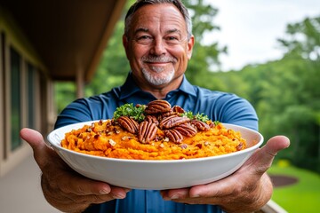 Mashed sweet potatoes in a bowl, topped with toasted pecans and a drizzle of maple syrup