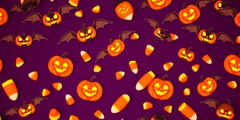 Fototapeta premium A Festive Arrangement of Illuminated Pumpkins and Bats with Candy Corn on a Deep Purple Background