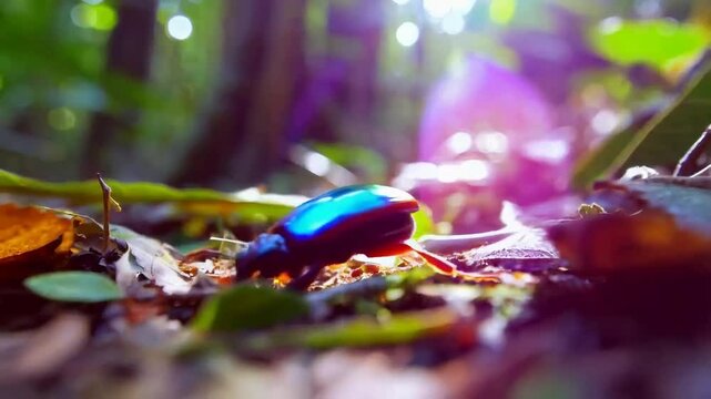 shiny beetle walking beneath the forest