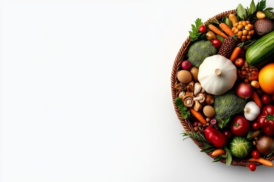 a 2D cartoon illustration of a basket of freshly picked vegetables farm-to-table white background