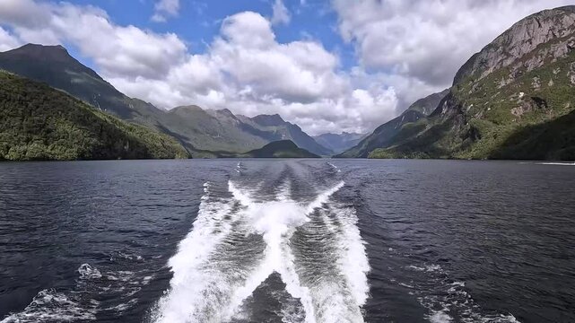 Scenic Boat Tour on Lake Manapouri with Majestic Mountain Views and Calm Waters in Fiordland National Park, New Zealand