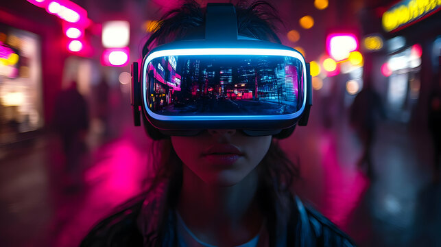 Cyberpunk Cityscape: Woman in VR Headset with Neon Lights Illustration