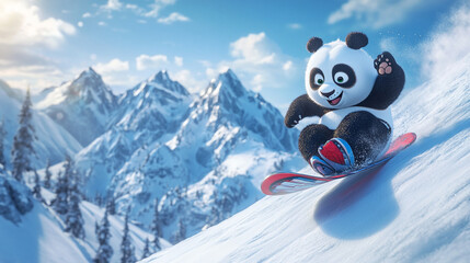 Panda enjoying a thrilling snowboard ride down a snowy mountain during a sunny day