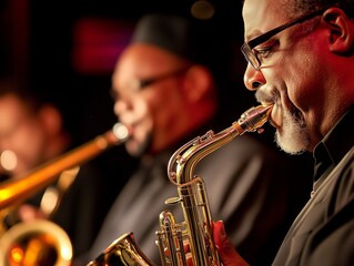 Obraz premium A vibrant jazz band performance featuring saxophonists and trumpet players, capturing the essence of live music in an intimate setting.