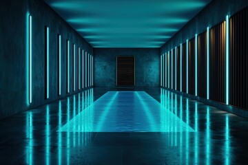 Fototapeta premium Modern corridor with glowing blue lights and reflective surfaces creating a futuristic ambiance.