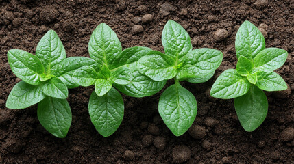 Young seedlings sprout from rich, dark soil, symbolizing growth, renewal, and new beginnings. The vibrant green leaves against the earthy background convey hope, potential, and the nurturing power of 
