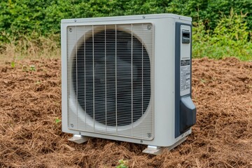 Air conditioning unit placed on ground with greenery in background, showcasing modern cooling technology.