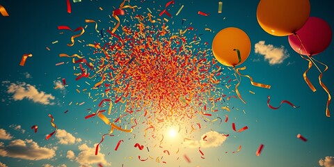 A joyous celebration of life, with colorful ribbons and balloons ascending into a sky painted in hues of blue and gold.