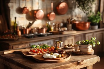 Naklejka premium A rustic kitchen scene featuring a wooden table with a colorful array of fresh ingredients and a cozy ambiance highlighted by copper cookware.