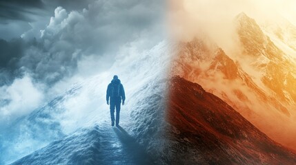 Obraz premium A hiker choosing between two mountain trails, one bathed in light and the other covered in fog and storms. generative ai