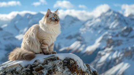 Obraz premium Ragdoll cat, blue eyes, long hair coat and tail, perched on top of snow-covered mountain peak with majestic alpine backdrop