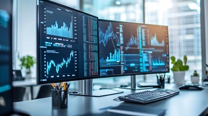 Fototapeta premium Financial Data Analysis on Multiple Monitors in Modern Office