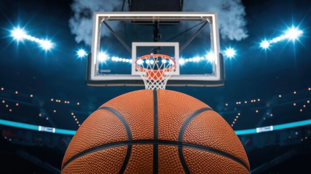Basketball hoop with ball in the foreground, dramatic lighting and smoke effects.