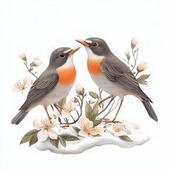 Obraz premium Delicate Springtime Illustration of Two Robins Among Blossoming Branches