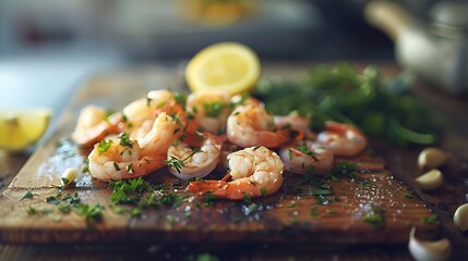 Fresh shrimp placed on a rustic wooden surface with sprigs of fresh herbs garlic cloves and lemon halves creating a vibrant food arrangement illuminated by soft natural sunlight