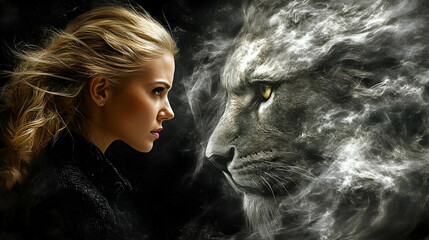 Woman and Lion Illustration with Smoke Effect