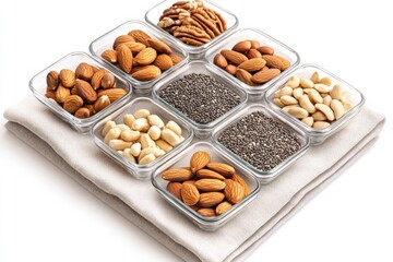 Assorted Nut and Seed Arrangement in Glass Containers on Textured Linen