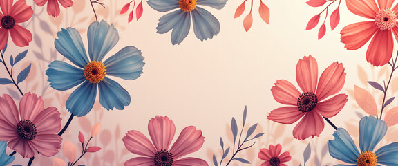 Pastel Floral Background: Delicate Pink and Blue Flowers with Soft Shadows