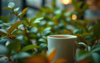Cozy Coffee Moment Among Lush Greenery in a Cafe Setting