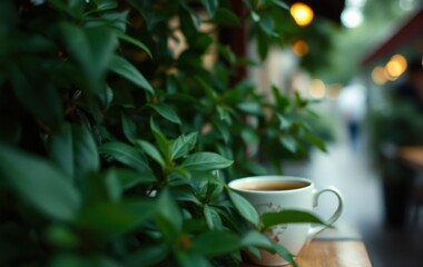 Serene Coffee Moment Surrounded by Lush Greenery