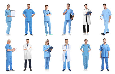 Fototapeta premium Different healthcare workers on white background, collage of photos