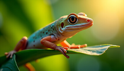 Naklejka premium Colorful Gecko on a Leaf: Tropical Reptile in Close-Up