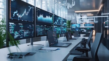 Modern Trading Room with Multiple Monitors Displaying Stock Market Data