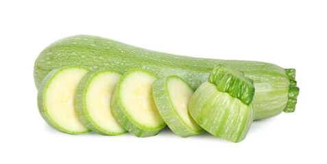 Fresh whole and cut zucchinis isolated on white