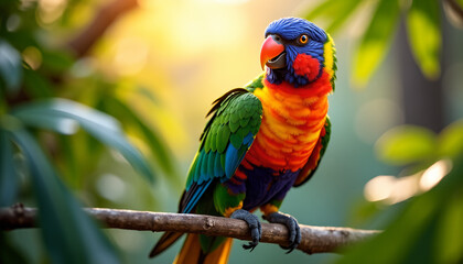 Naklejka premium Rainbow Lorikeet Parrot on Branch: Colorful Tropical Bird