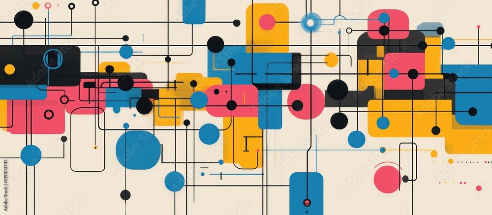 Canvas Prints abstract geometric pattern with connected shapes and lines in blue, yellow, red, and black.