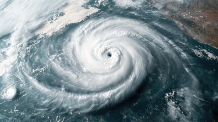 Vivid aerial view of a powerful hurricane forming over the ocean.