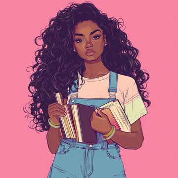 Illustration black woman with books, generative IA