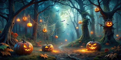 Fototapeta premium Dark forest landscape with glowing jack-o-lanterns and spider webs, forest, misty night