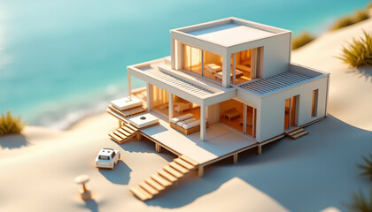 Fototapeta premium Modern Beach House Model on Sandy Shore: Coastal Living and Vacation Rental Dreams