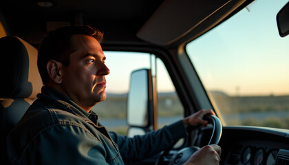 Truck Driver on the Open Road at Sunset: Delivering Goods Across America