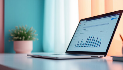 Fototapeta premium Laptop Displaying Business Analytics Dashboard: Marketing and Sales Concept