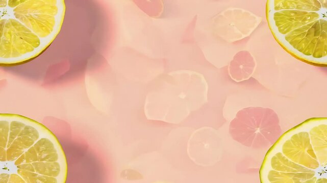 A colorful fruit pattern animation featuring fresh lemon slices pink background complete realistic shadows presented seamless looping format vibrant 4K video motion effect citrous slice yellow food