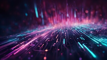 Obraz premium A vibrant, abstract representation of digital data flow with colorful light trails.